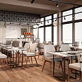 Modern Restaurant Interior With Spacious Open Layout Wooden Tables White Chairs And Pendant Lights