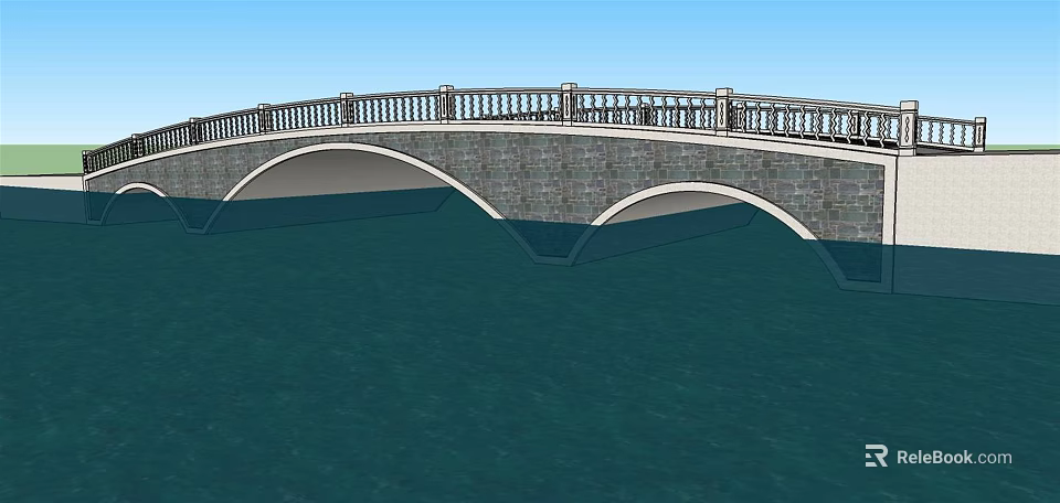 Stone Arch Bridge With Arched Design Stone Railing And Water Below Blue Sky 3d model 