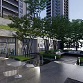 Modern Courtyard Garden Design With Green Trees Water Feature And Seating Area