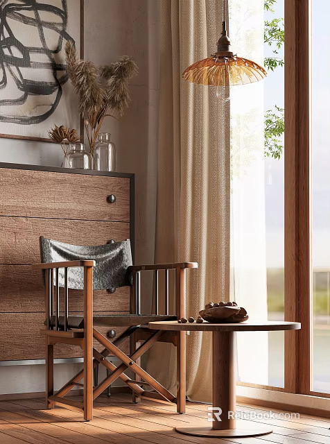 Wooden Leisure Chair With Gray Blanket And Side Table By Window With Natural Light 3d model 