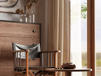 Wooden Leisure Chair With Gray Blanket And Side Table By Window With Natural Light 3d model
