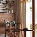 Wooden Leisure Chair With Gray Blanket And Side Table By Window With Natural Light