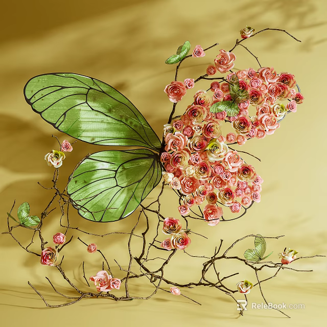 Art Installation Featuring Green Butterfly Wings And Pink Flowers On Branches With Yellow Background 3d model 