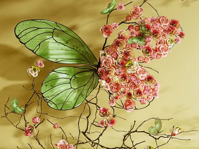 Art Installation Featuring Green Butterfly Wings And Pink Flowers On Branches With Yellow Background 3d model