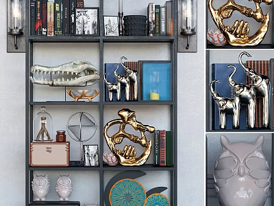 Elegant Shelf Decor Featuring Gold Silver Ornaments And Animal Figurines 3d model