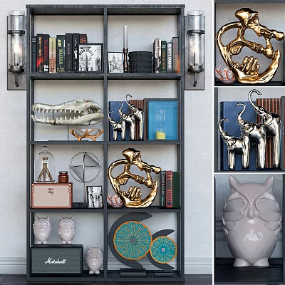 Elegant Shelf Decor Featuring Gold Silver Ornaments And Animal Figurines 3d model