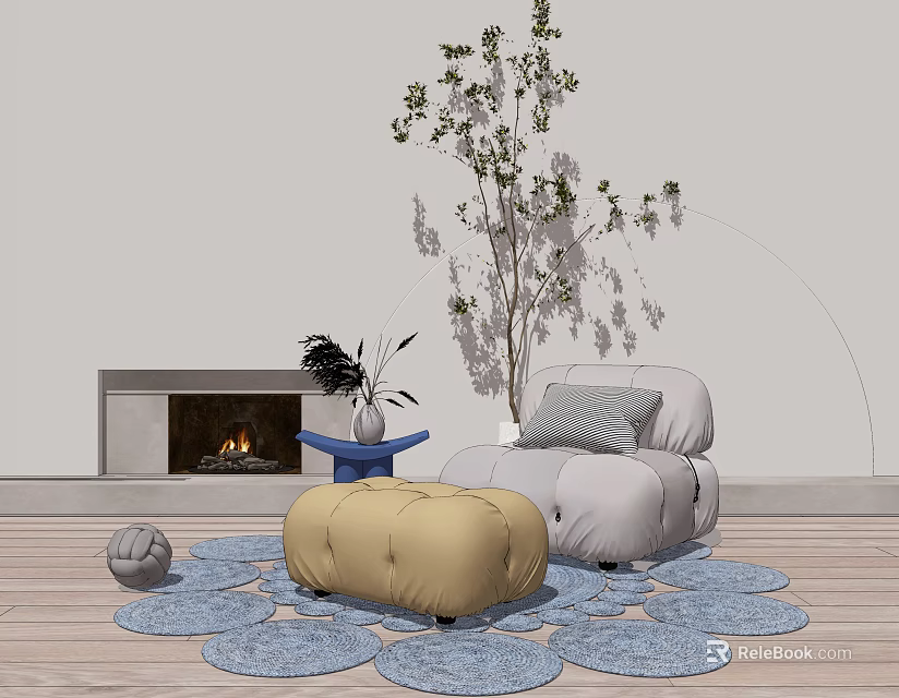 Cozy Single Seater Sofa With Gray Pillow Beige Ottoman Near Fireplace Plant On Blue Rugs 3d model 