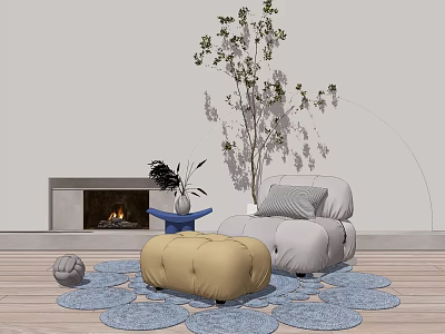 Cozy Single Seater Sofa With Gray Pillow Beige Ottoman Near Fireplace Plant On Blue Rugs 3d model