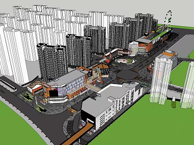 Modern Commercial Street District with High Rise Buildings Central Plaza and Urban Facilities 3d model