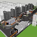 Modern Commercial Street District with High Rise Buildings Central Plaza and Urban Facilities