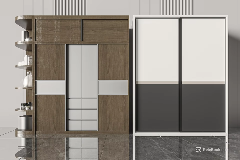 Elegant Modern Wardrobe Interior With Wooden Sliding Doors And White Storage Panels 3d model 