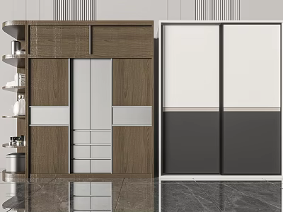 Elegant Modern Wardrobe Interior With Wooden Sliding Doors And White Storage Panels 3d model