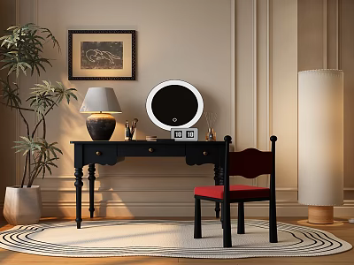 Elegant Black Dressing Table With Round Mirror Red Chair Table Lamp And Green Plant 3d model
