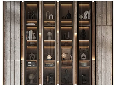 Modern Display Cabinet With Glass Doors And Illuminated Shelves Holding Decorative Ornaments 3d model