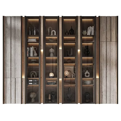Modern Display Cabinet With Glass Doors And Illuminated Shelves Holding Decorative Ornaments 3d model