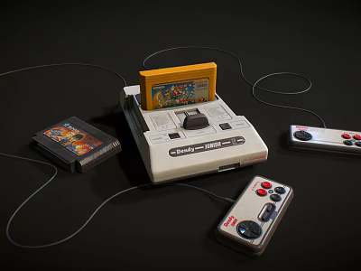 Vintage Entertainment Electronics Gaming Console With Game Cartridges And Controllers 3d model