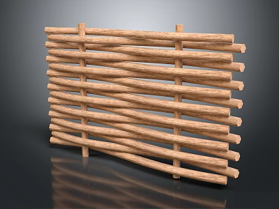 Rustic Decorative Wooden Fence With Interlaced Slats On Dark Reflective Surface 3d model
