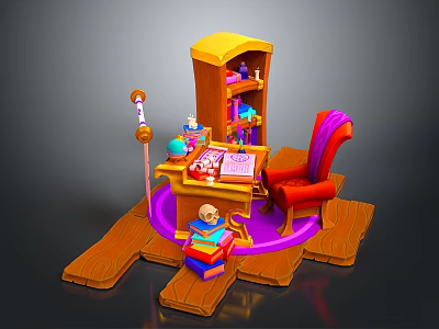 Vibrant Yellow Desk with Red Chair Bookshelf Colorful Items Purple Accents on Wooden Floor 3d model