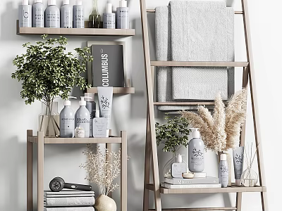 Neat Laundry And Daily Use Display With Toiletries Towels And Plants 3d model