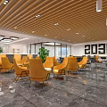 Modern Reception Desk Area with Marble Walls Glass Doors Blue Lighting and Open Office Interior