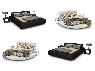 Modern Double Bed Designs With Black White Frames Striped Bedspread And Nightstand Lamps 3d model
