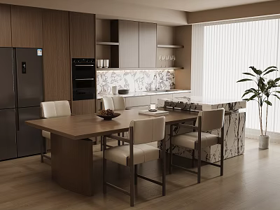Modern Restaurant Open Kitchen With Wooden Cabinets Dining Table Chairs And Plant 3d model