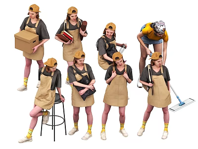 Multiple People in Aprons and Caps Doing Tasks with Boxes Books and Cleaning Tools 3d model