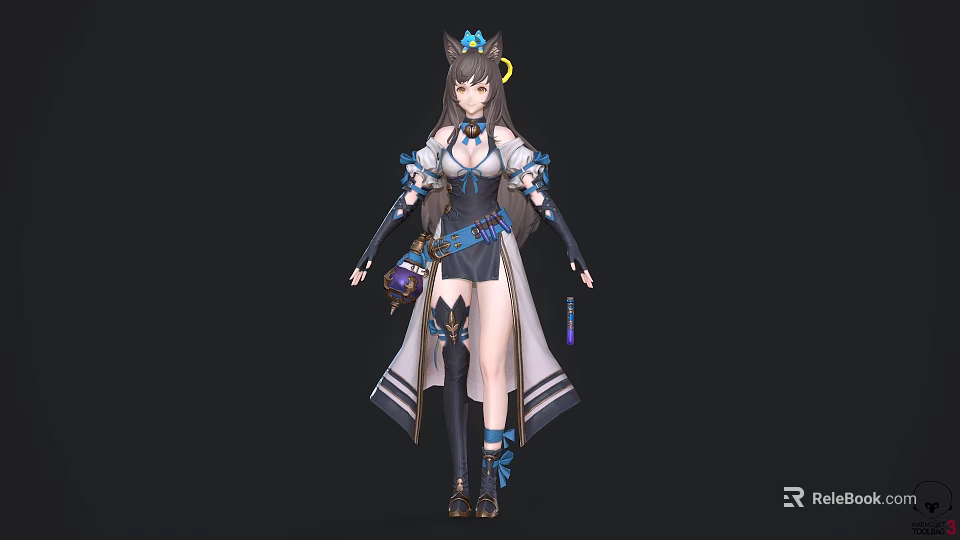 Game And Movie Character With Blue Outfit Long Brown Hair Cat Ear Headband And Boots 3d model 