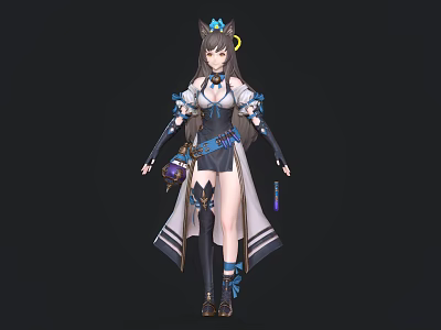 Game And Movie Character With Blue Outfit Long Brown Hair Cat Ear Headband And Boots 3d model