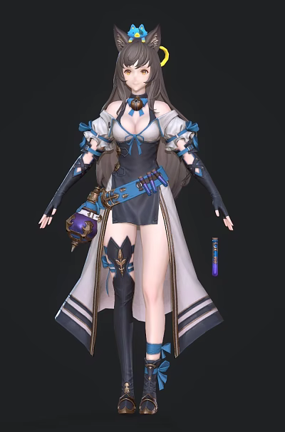 Game And Movie Character With Blue Outfit Long Brown Hair Cat Ear Headband And Boots 3d model