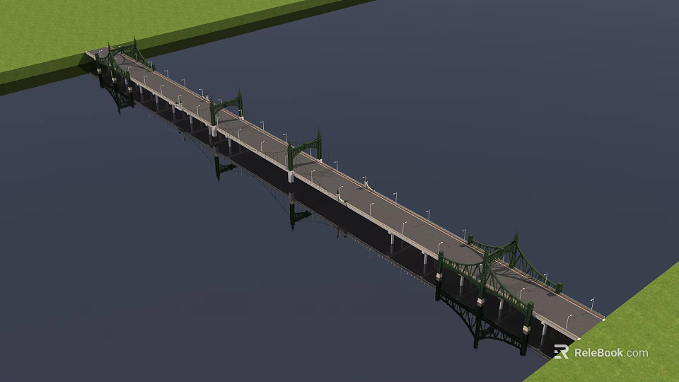 Long Bridge Spanning Calm Water With Green Railings And Grassy Banks 3d model 