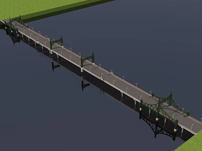 Long Bridge Spanning Calm Water With Green Railings And Grassy Banks 3d model
