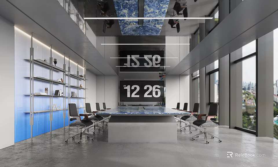 Modern Conference Room Interior Design With Large Table Comfortable Chairs And Digital Display Screen 3d model 