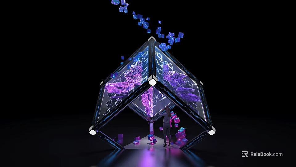 Illuminated Geometric Art Installation With Purple Blue Lights And Floating Cubes 3d model 
