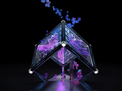 Illuminated Geometric Art Installation With Purple Blue Lights And Floating Cubes 3d model
