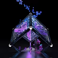 Illuminated Geometric Art Installation With Purple Blue Lights And Floating Cubes