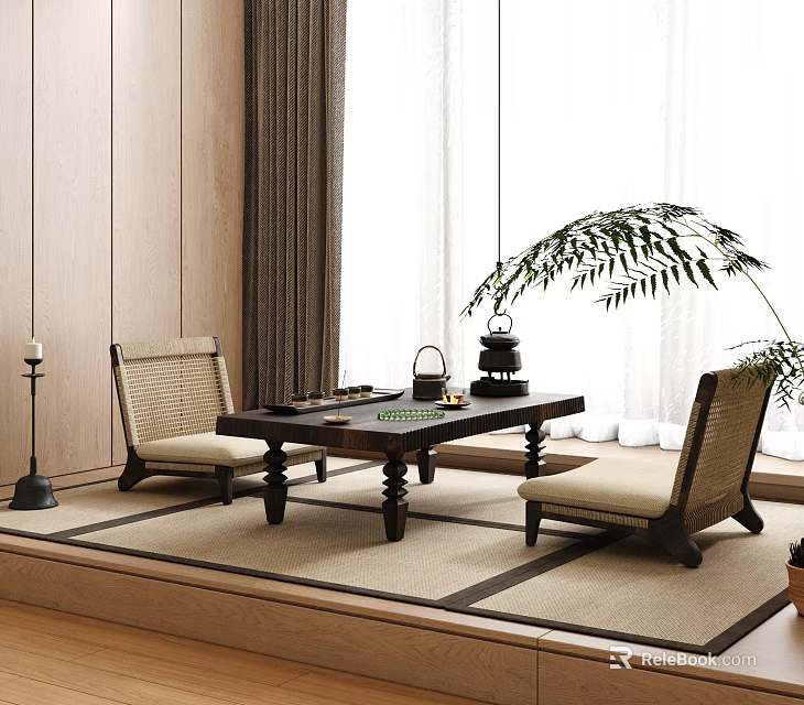 Traditional Tea Room Interior With Wooden Walls Rattan Chairs Tea Table And Green Plant 3d model 