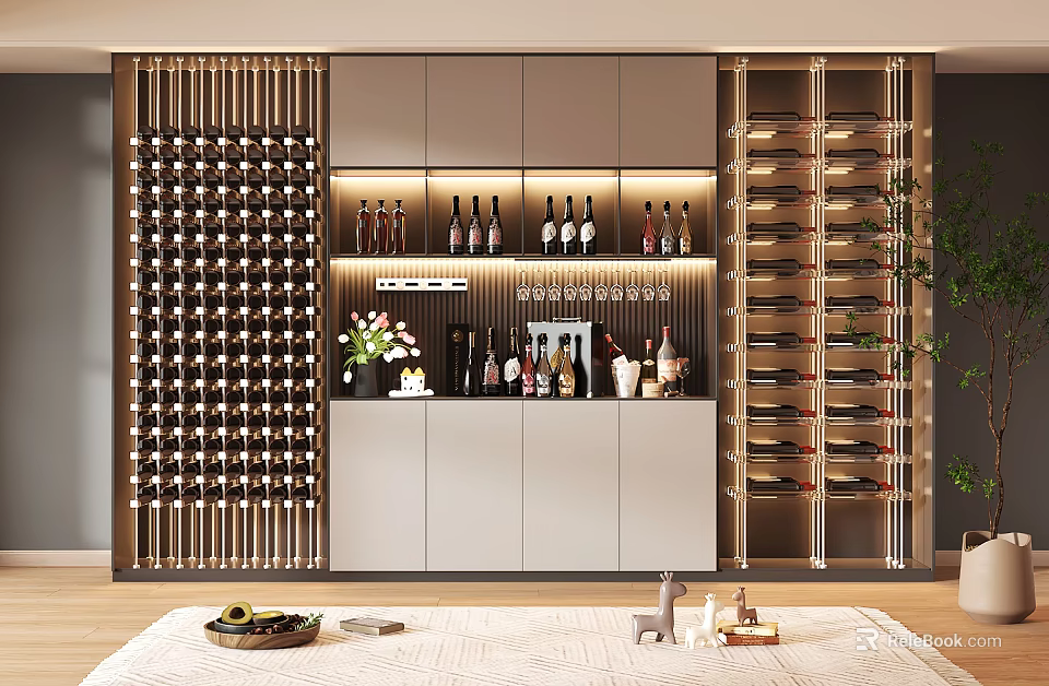Modern Luxury Wine Cabinet Design With Illuminated Display Shelf And Wine Bottle Racks 3d model 