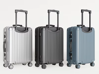 Modern Silver Black Blue Suitcases with Telescopic Handle and Rolling Wheels 3d model