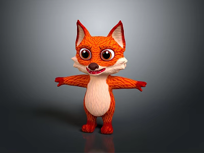 Cute Cartoon Fox Character 3D Model With Orange White Fur And Red Ears Open Arms 3d model