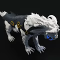 Silver Horned Beast Game Character with Blue Glowing Eyes and Black Gold Harness