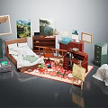 Cozy Bedroom Interior With Bed Dresser Chair Rug Suitcase And Picture Frames