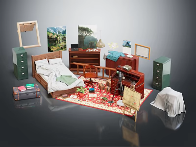 Cozy Bedroom Interior With Bed Dresser Chair Rug Suitcase And Picture Frames 3d model