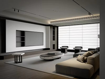 Modern Living Room Interior With TV Wall Sectional Sofa Round Coffee Table And Window Blinds 3d model