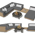 L Shaped Gray Sofa Coffee Table Set with Wooden Frame Round Fire Pit and Pillows 3d model