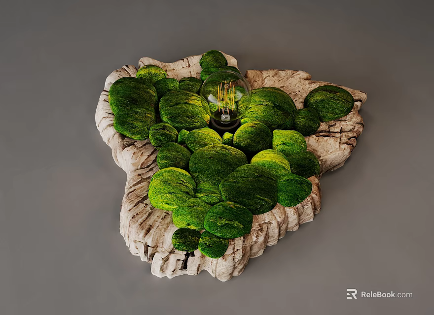 Natural Moss Decorative Wall Lamp With Rock Base And Light Bulb 3d model 