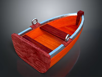 Wooden Small Boat With Red Orange Hull Metal Rings And Wooden Seats 3d model