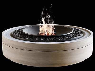 Stylish Modern Circular Wooden Fireplace With Burning Flames And Black Stones 3d model