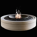 Stylish Modern Circular Wooden Fireplace With Burning Flames And Black Stones