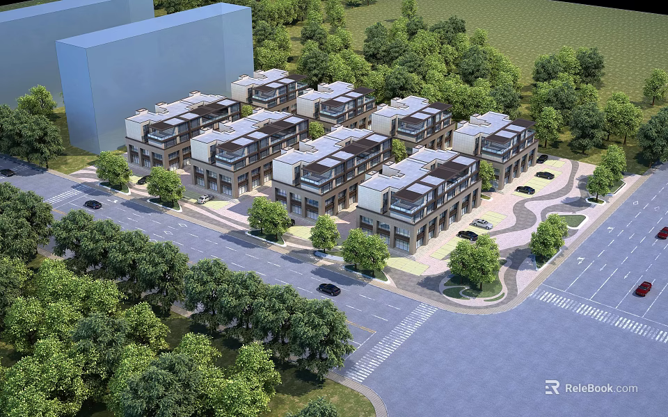 Modern Detached Villa Community With Lush Greenery And Tree Lined Driveways 3d model 